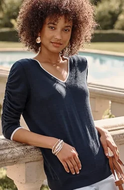 Contrasting-Tipped V-Neck Pullover Sweater | Jjill