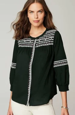 Embroidered Smocked-Sleeve Top | Jjill
