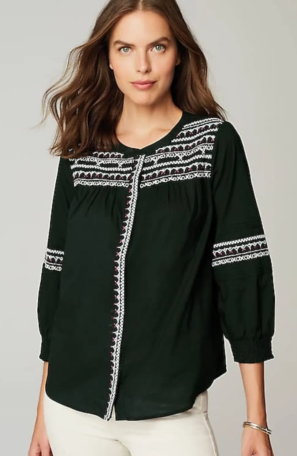 Embroidered Smocked-Sleeve Top | Jjill