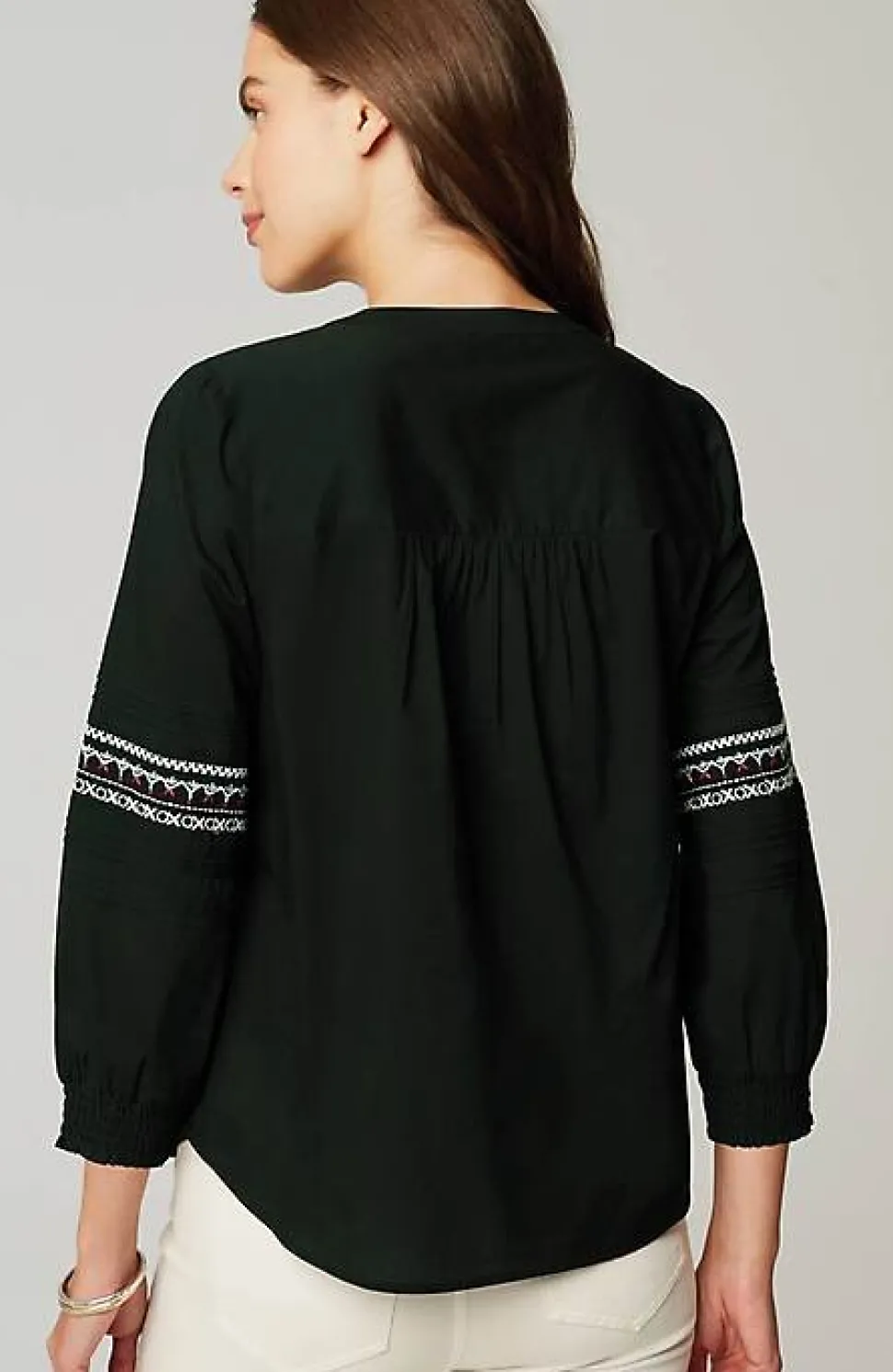 Embroidered Smocked-Sleeve Top | Jjill