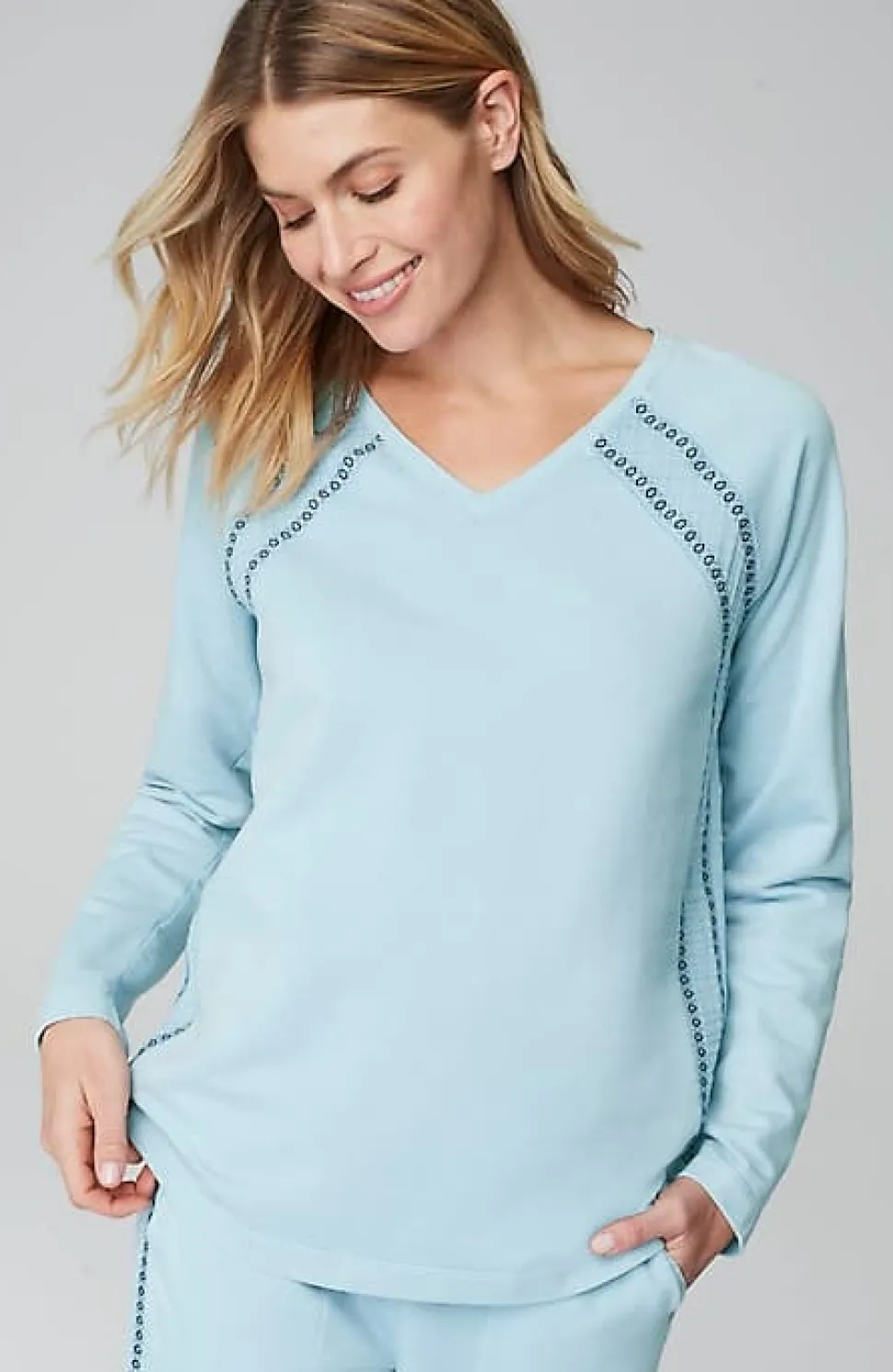 Fit French Terry Embroidered V-Neck Pullover | Jjill