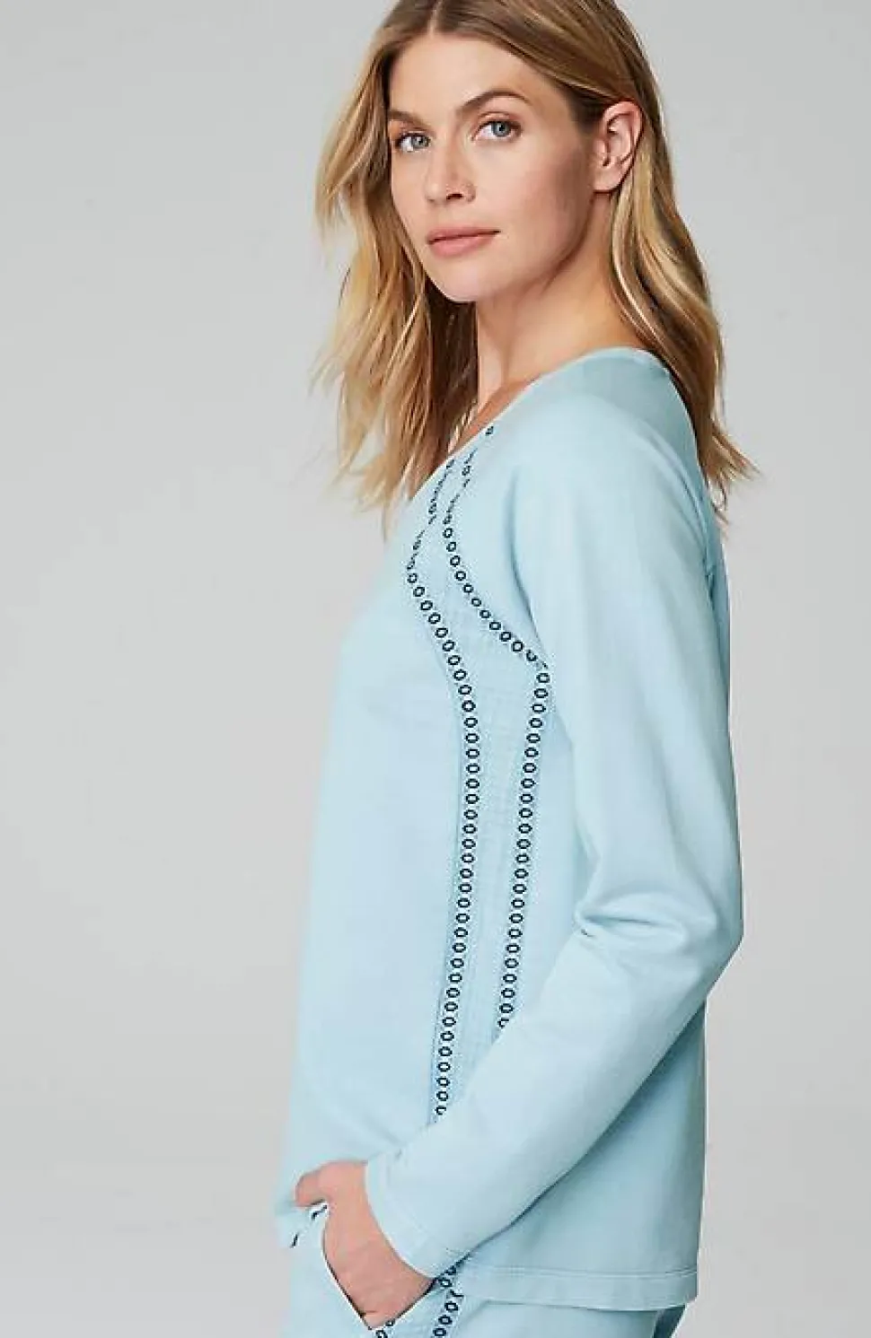Fit French Terry Embroidered V-Neck Pullover | Jjill