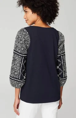 Mixed-Media Embroidered-Sleeve Top | Jjill