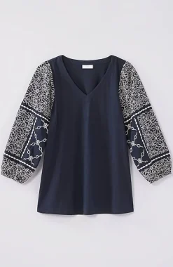 Mixed-Media Embroidered-Sleeve Top | Jjill