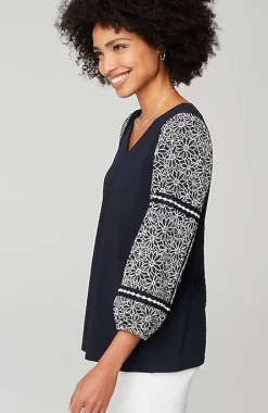 Mixed-Media Embroidered-Sleeve Top | Jjill