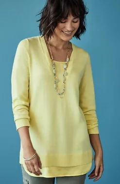Mixed-Media Layered V-Neck Sweater | Jjill