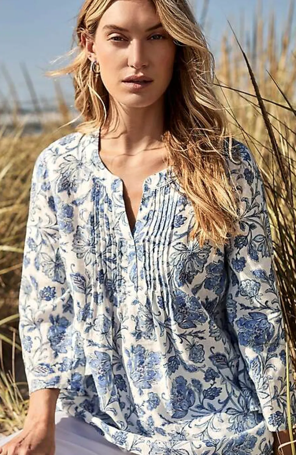 Pintucked Printed Linen Popover | Jjill