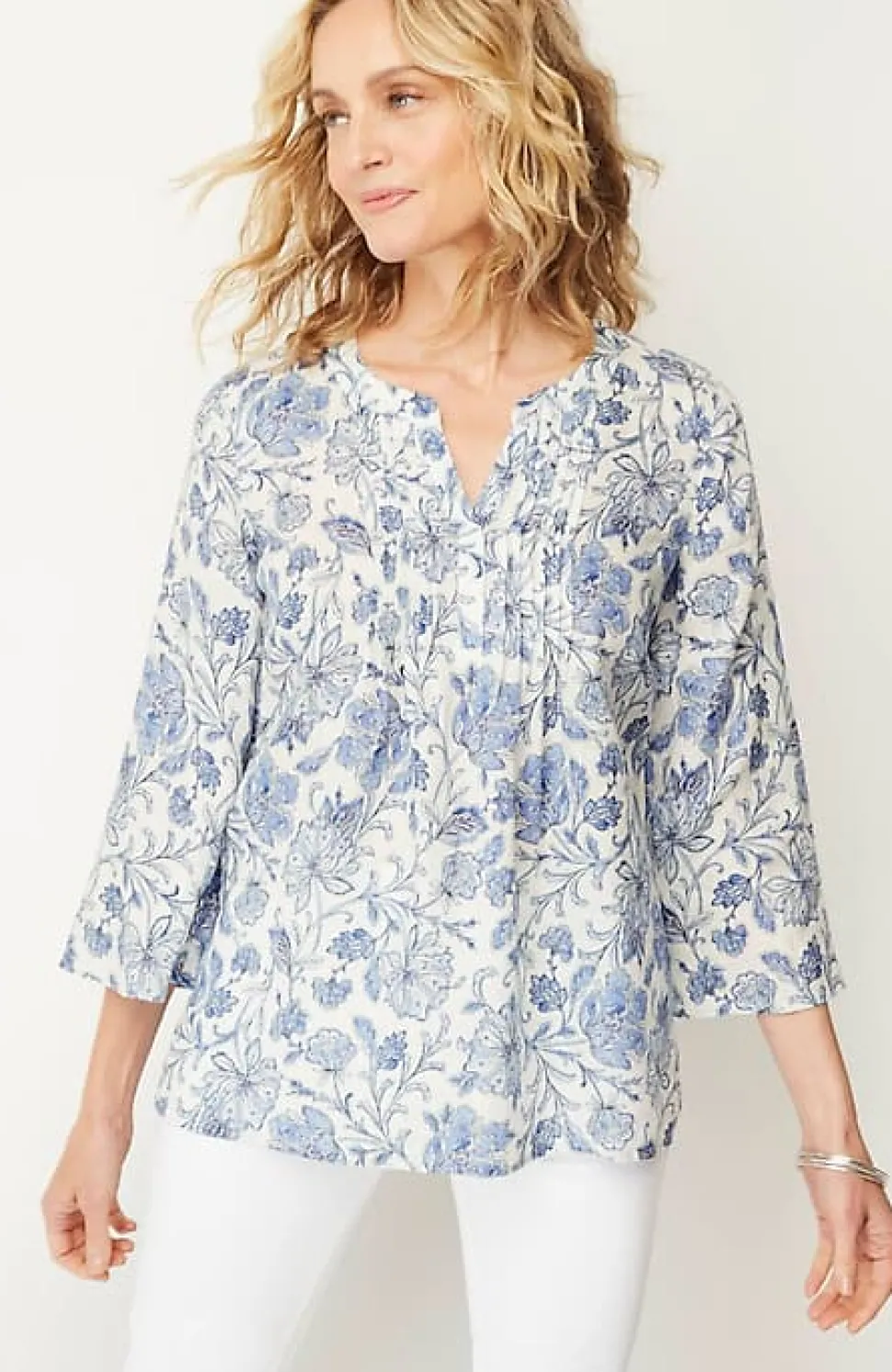 Pintucked Printed Linen Popover | Jjill