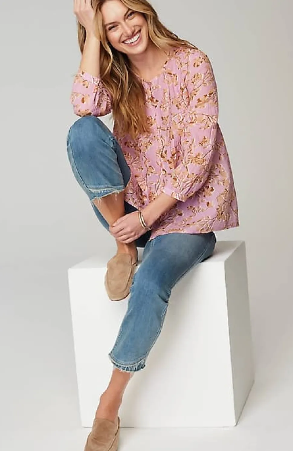 Printed A-Line Pintucked Top | Jjill
