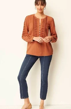 Pure Jill Embroidered Buttoned-Cuff Top | Jjill