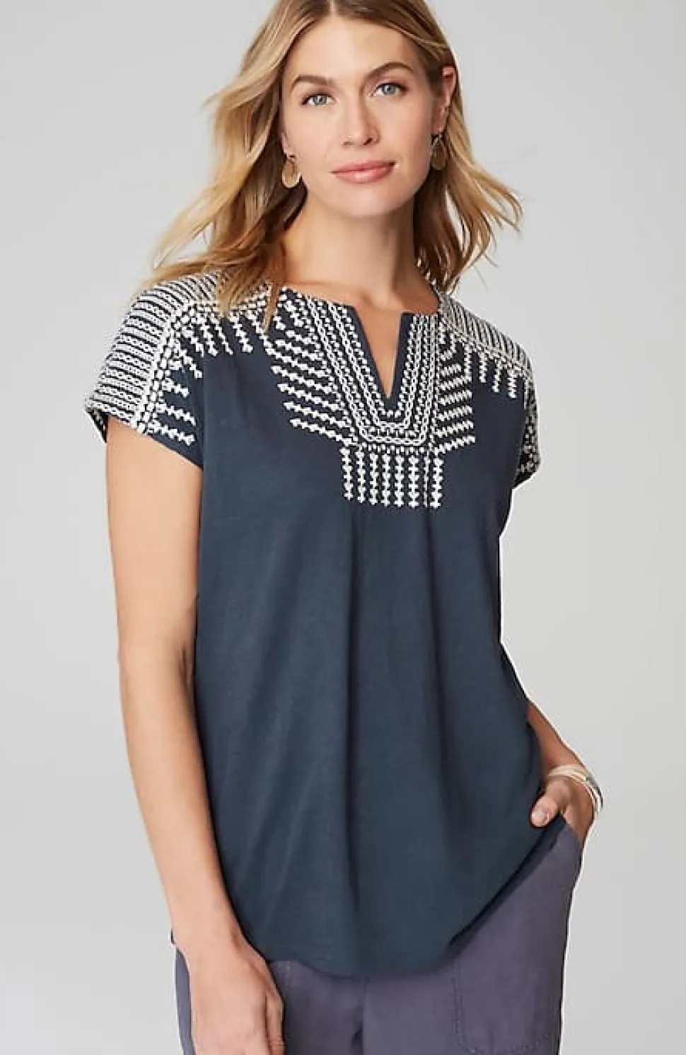 Pure Jill Embroidered Split-Neck Tee | Jjill
