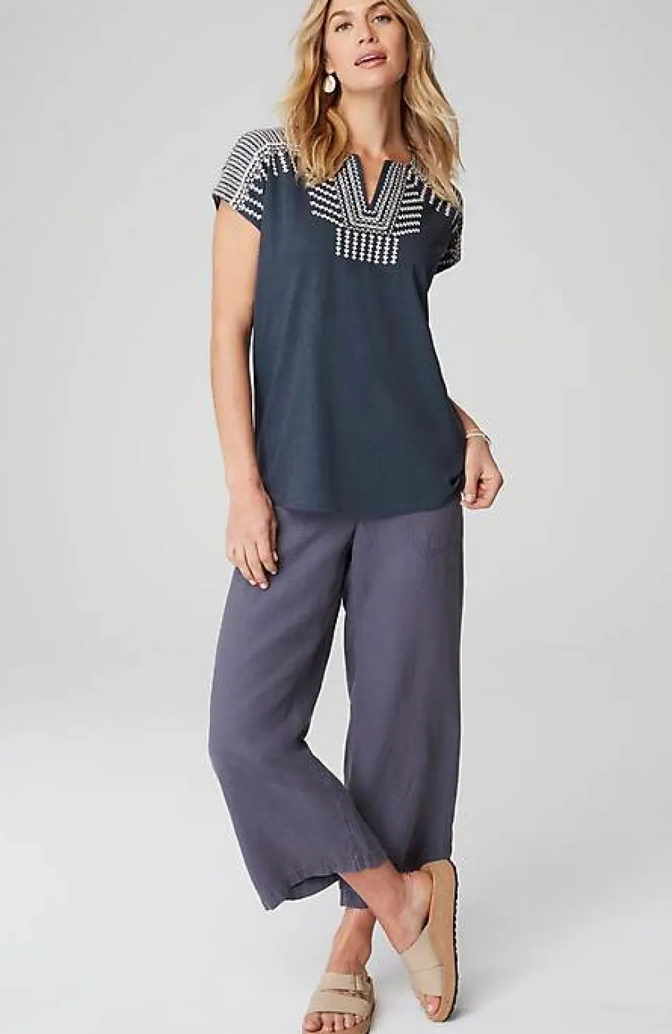 Pure Jill Embroidered Split-Neck Tee | Jjill