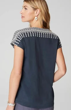 Pure Jill Embroidered Split-Neck Tee | Jjill
