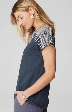 Pure Jill Embroidered Split-Neck Tee | Jjill