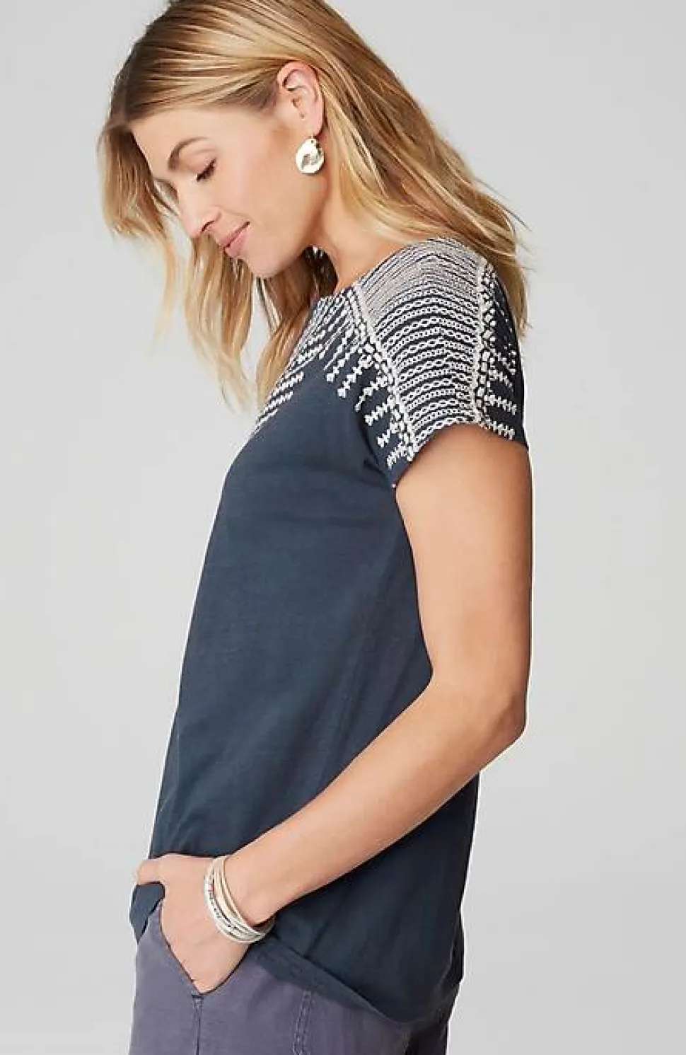 Pure Jill Embroidered Split-Neck Tee | Jjill