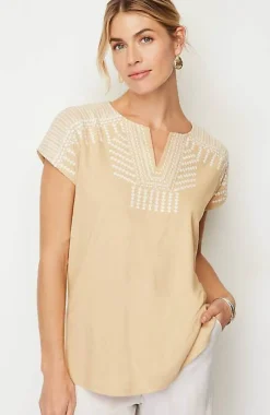 Pure Jill Embroidered Split-Neck Tee | Jjill