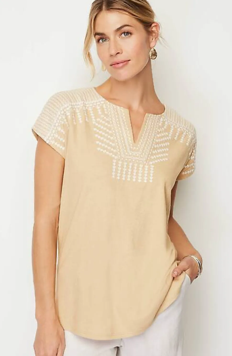 Pure Jill Embroidered Split-Neck Tee | Jjill