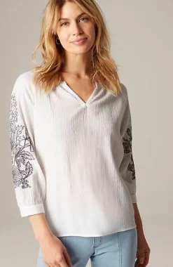 Pure Jill Embroidered-Sleeve Crinkled Top | Jjill