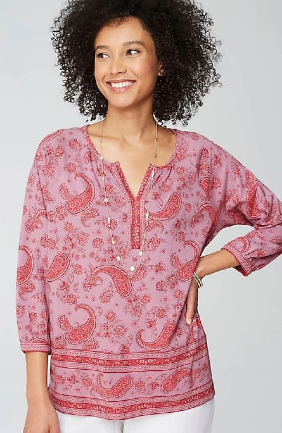 Pure Jill Split-Neck Border-Printed Top | Jjill