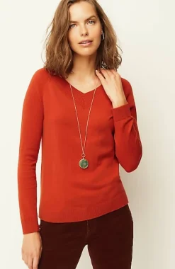 Ribbed-Border V-Neck Sweater | Jjill