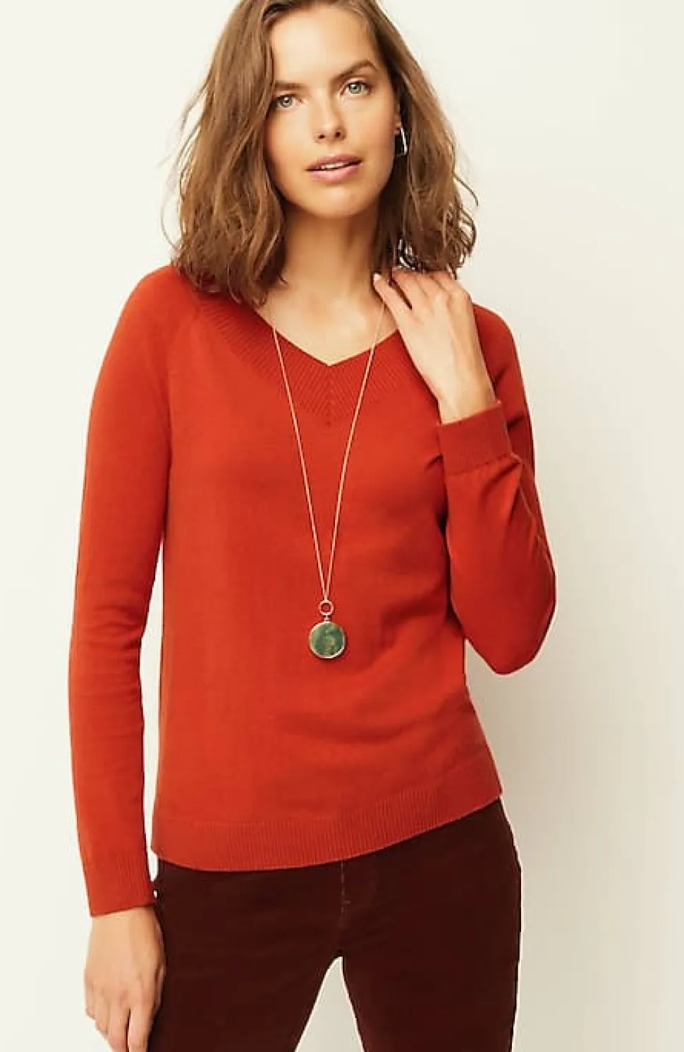 Ribbed-Border V-Neck Sweater | Jjill
