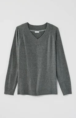 Ribbed-Border V-Neck Sweater | Jjill