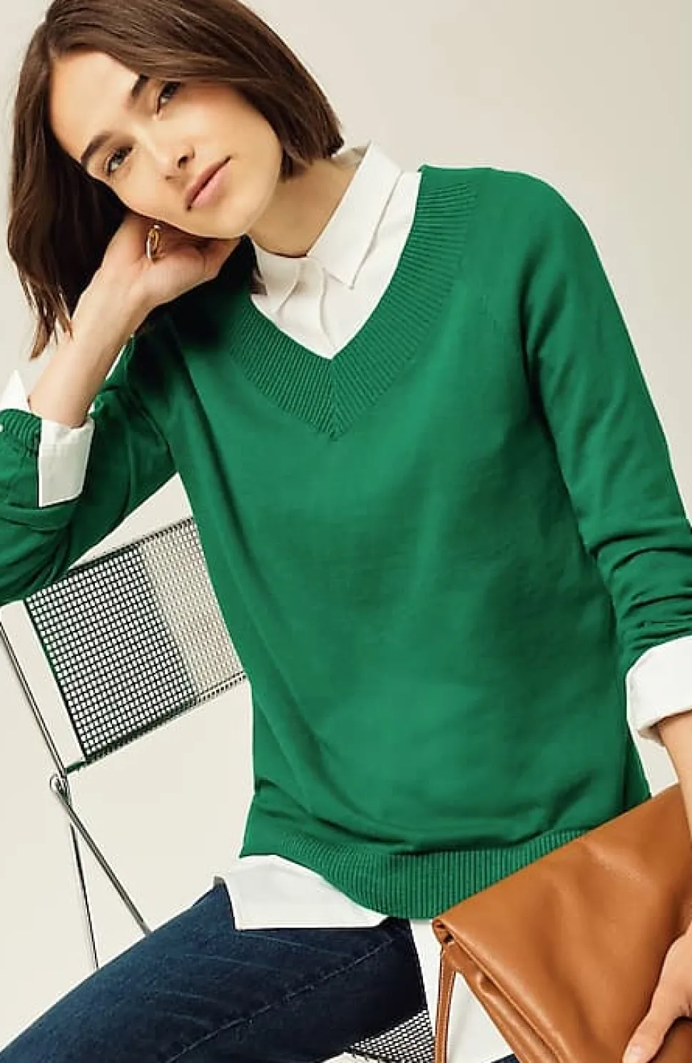 Ribbed-Border V-Neck Sweater | Jjill