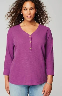 Textured-Cotton Rolled-Cuff Henley Top | Jjill