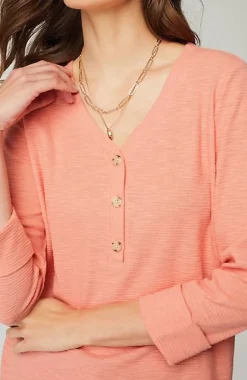 Textured-Cotton Rolled-Cuff Henley Top | Jjill