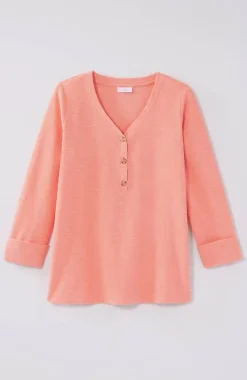 Textured-Cotton Rolled-Cuff Henley Top | Jjill