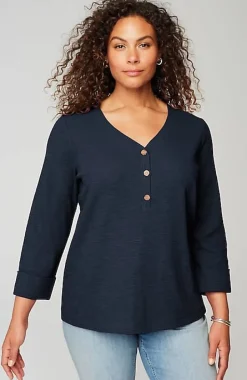 Textured-Cotton Rolled-Cuff Henley Top | Jjill