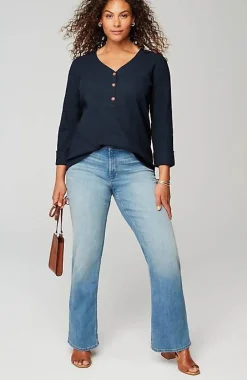 Textured-Cotton Rolled-Cuff Henley Top | Jjill