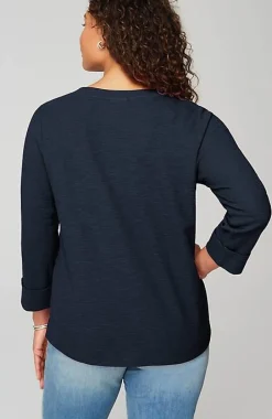 Textured-Cotton Rolled-Cuff Henley Top | Jjill