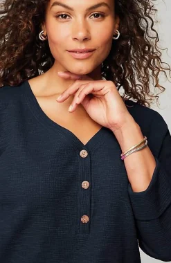 Textured-Cotton Rolled-Cuff Henley Top | Jjill