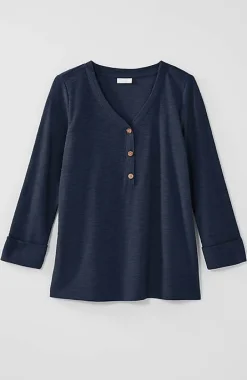 Textured-Cotton Rolled-Cuff Henley Top | Jjill