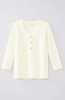 Textured-Cotton Rolled-Cuff Henley Top | Jjill