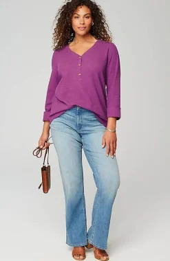 Textured-Cotton Rolled-Cuff Henley Top | Jjill