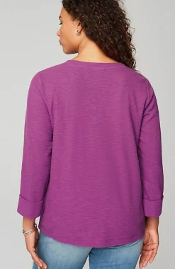Textured-Cotton Rolled-Cuff Henley Top | Jjill