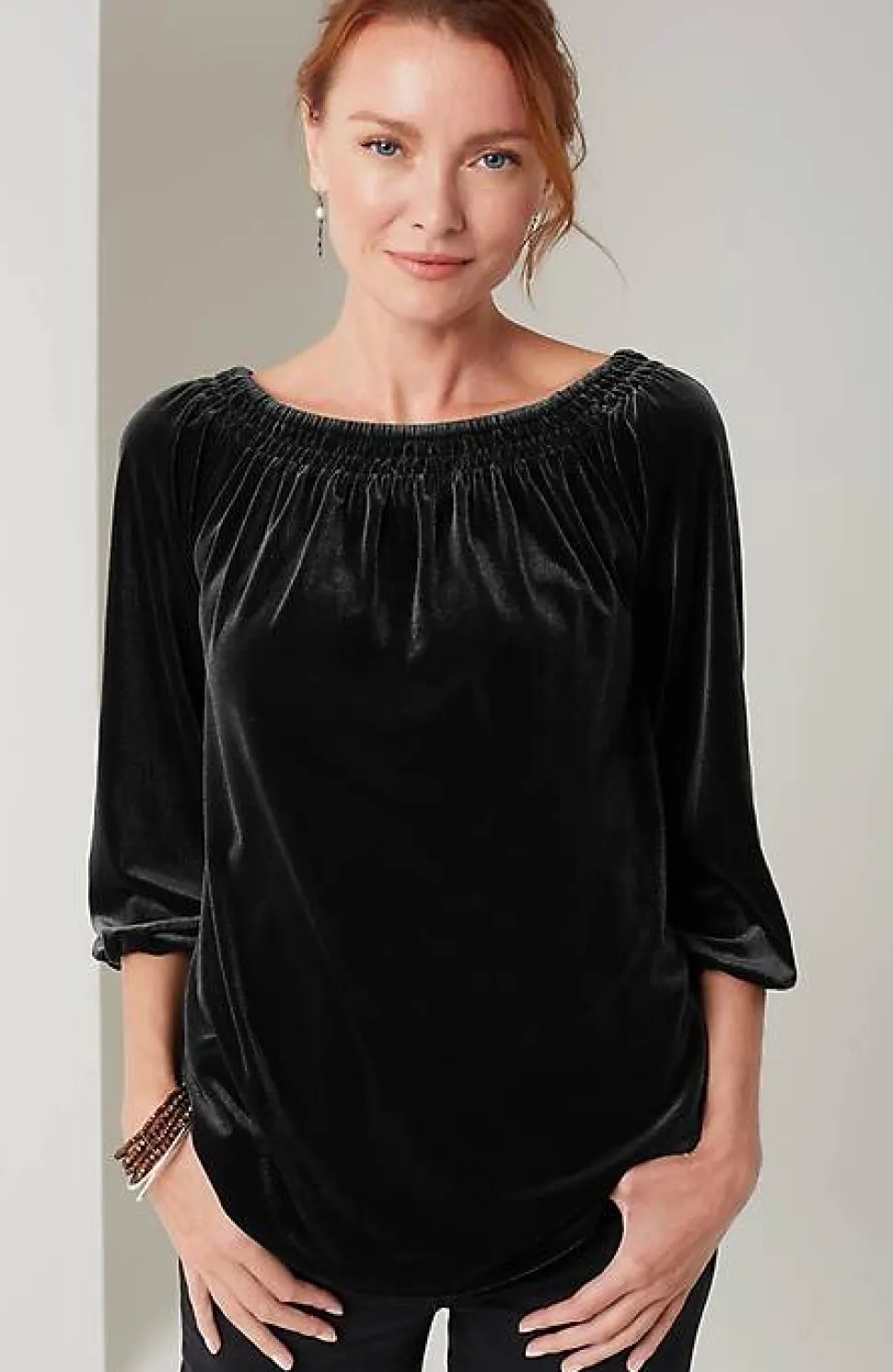 Wearever Convertible-Shoulder Smocked-Neck Top | Jjill